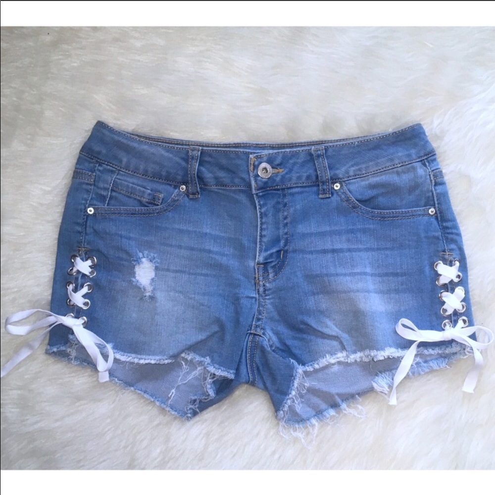 Frayed Lace-up Denim Shorts